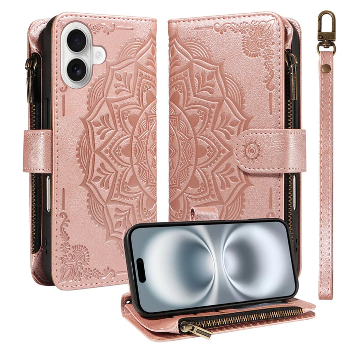 For iPhone 16 Wallet Case 9 Card Slots RFID Blocking Mandala Embossed Leather Flip Cover with Wrist Strap - Rose Gold - 1