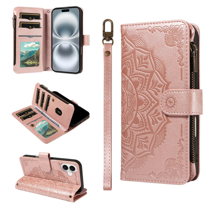 For iPhone 16 Wallet Case 9 Card Slots RFID Blocking Mandala Embossed Leather Flip Cover with Wrist Strap - Rose Gold - 2