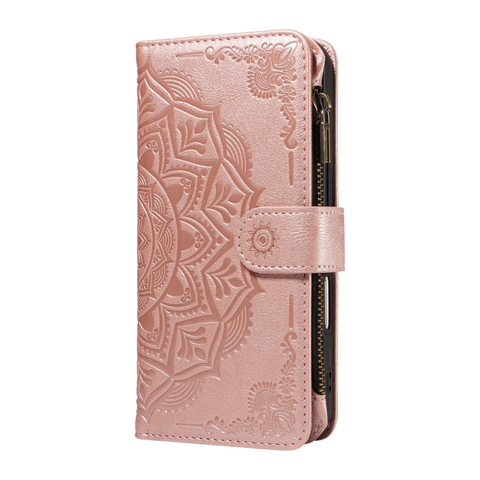 For iPhone 16 Wallet Case 9 Card Slots RFID Blocking Mandala Embossed Leather Flip Cover with Wrist Strap - Rose Gold - 4