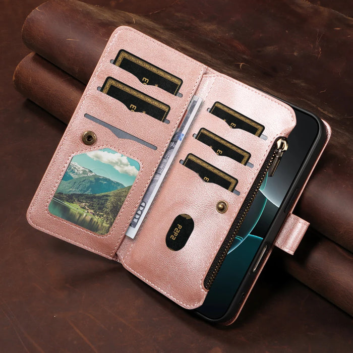 For iPhone 16 Wallet Case 9 Card Slots RFID Blocking Mandala Embossed Leather Flip Cover with Wrist Strap - Rose Gold - 7