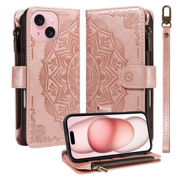 For iPhone 15 Wallet Case 9 Card Slots RFID Blocking Mandala Embossed Leather Flip Cover with Wrist Strap - Rose Gold - 1