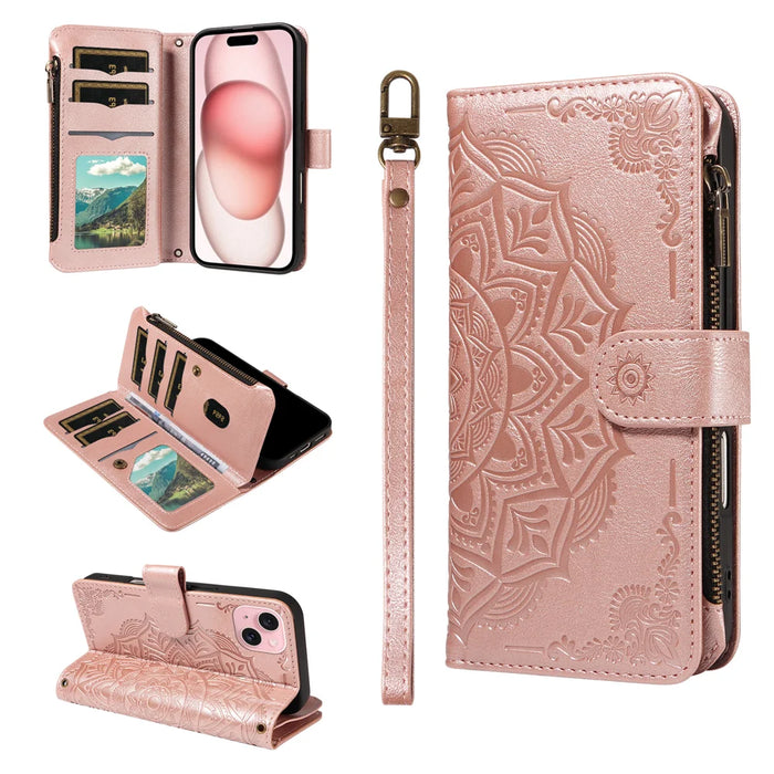 For iPhone 15 Wallet Case 9 Card Slots RFID Blocking Mandala Embossed Leather Flip Cover with Wrist Strap - Rose Gold - 2