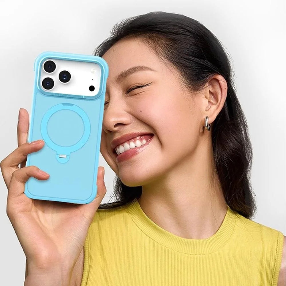 For iPhone 17 Pro Max Semi-transparent Frosted Back Cover Skin-friendly TPU PC Case with 360° Magnetic Rotating Kickstand - Lake Blue - 2