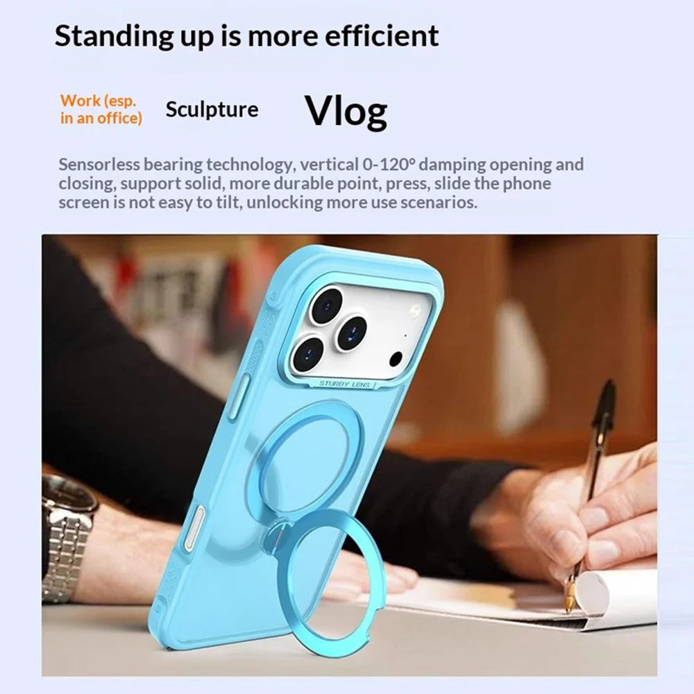 For iPhone 17 Pro Max Semi-transparent Frosted Back Cover Skin-friendly TPU PC Case with 360° Magnetic Rotating Kickstand - Lake Blue - 3
