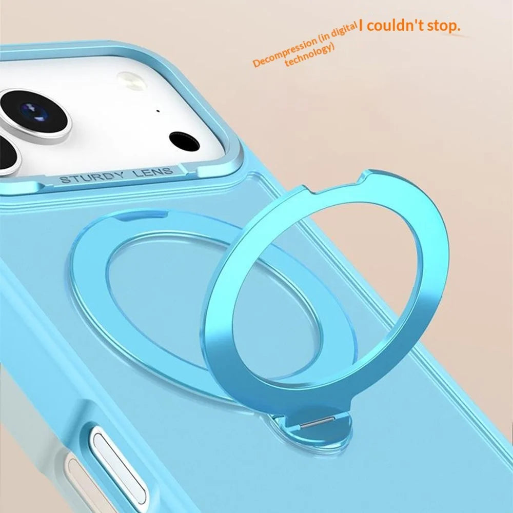 For iPhone 17 Pro Max Semi-transparent Frosted Back Cover Skin-friendly TPU PC Case with 360° Magnetic Rotating Kickstand - Lake Blue - 4