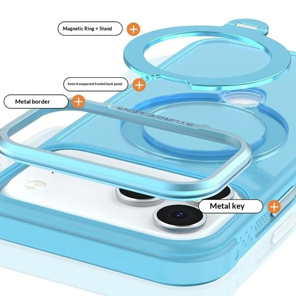 For iPhone 17 Pro Max Semi-transparent Frosted Back Cover Skin-friendly TPU PC Case with 360° Magnetic Rotating Kickstand - Lake Blue - 5