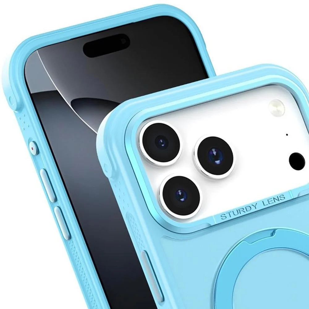 For iPhone 17 Pro Max Semi-transparent Frosted Back Cover Skin-friendly TPU PC Case with 360° Magnetic Rotating Kickstand - Lake Blue - 6