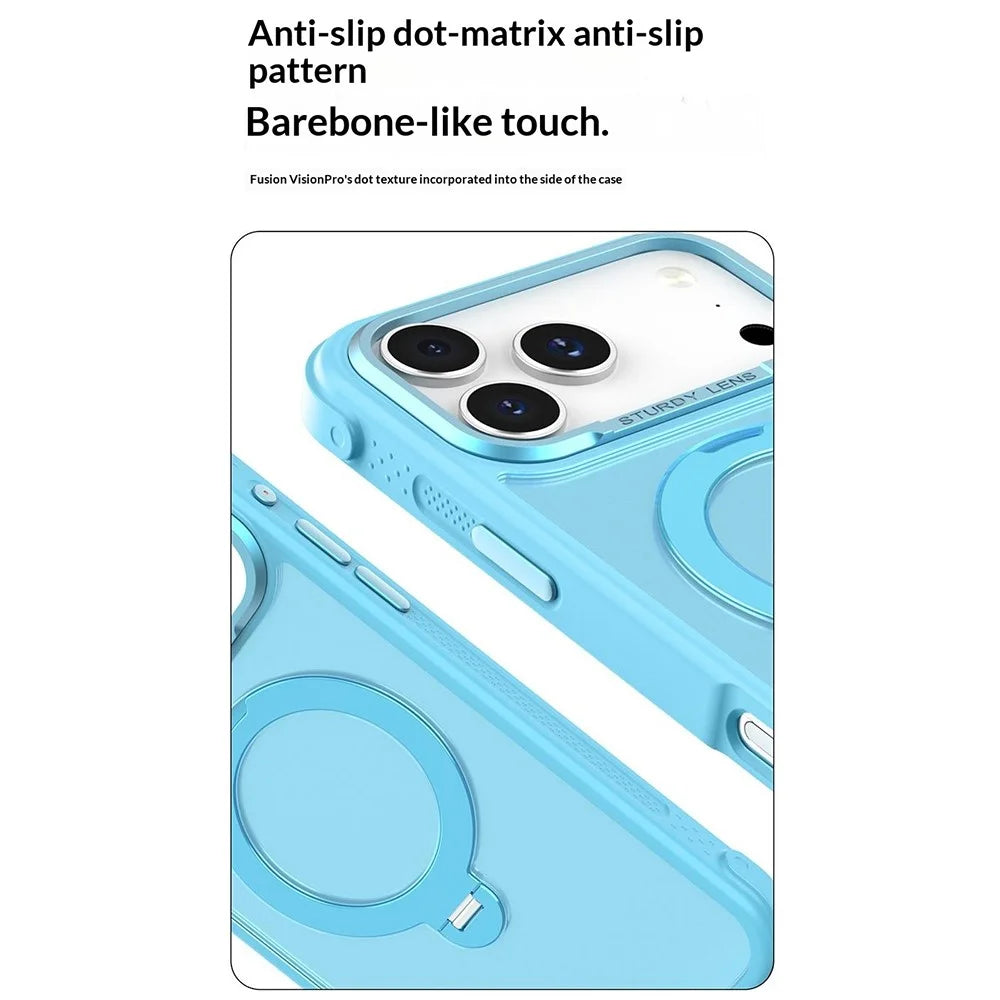 For iPhone 17 Pro Max Semi-transparent Frosted Back Cover Skin-friendly TPU PC Case with 360° Magnetic Rotating Kickstand - Lake Blue - 7
