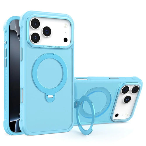 For iPhone 17 Pro Semi-transparent Frosted Back Cover Skin-friendly TPU PC Case with 360° Magnetic Rotating Kickstand - Lake Blue - 1