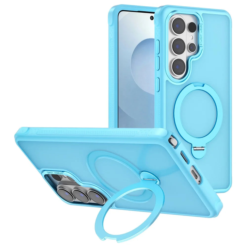 For Samsung Galaxy S26 Ultra Semi-transparent Frosted Back Cover Skin-friendly TPU PC Case with 360° Magnetic Rotating Kickstand - Lake Blue - 1