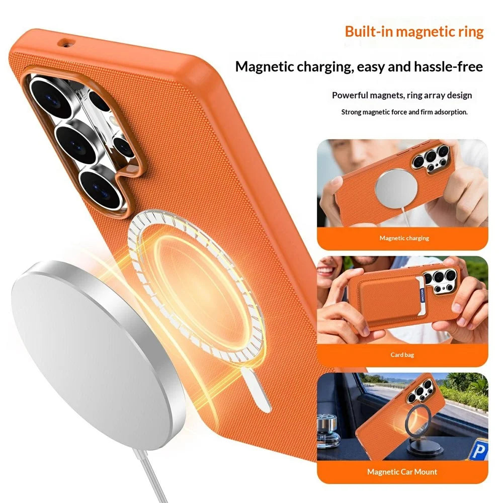 For Samsung Galaxy S26 Ultra Magnetic Case Tech Fabric Coated TPU + PC Anti-Drop Phone Cover - Orange - 6