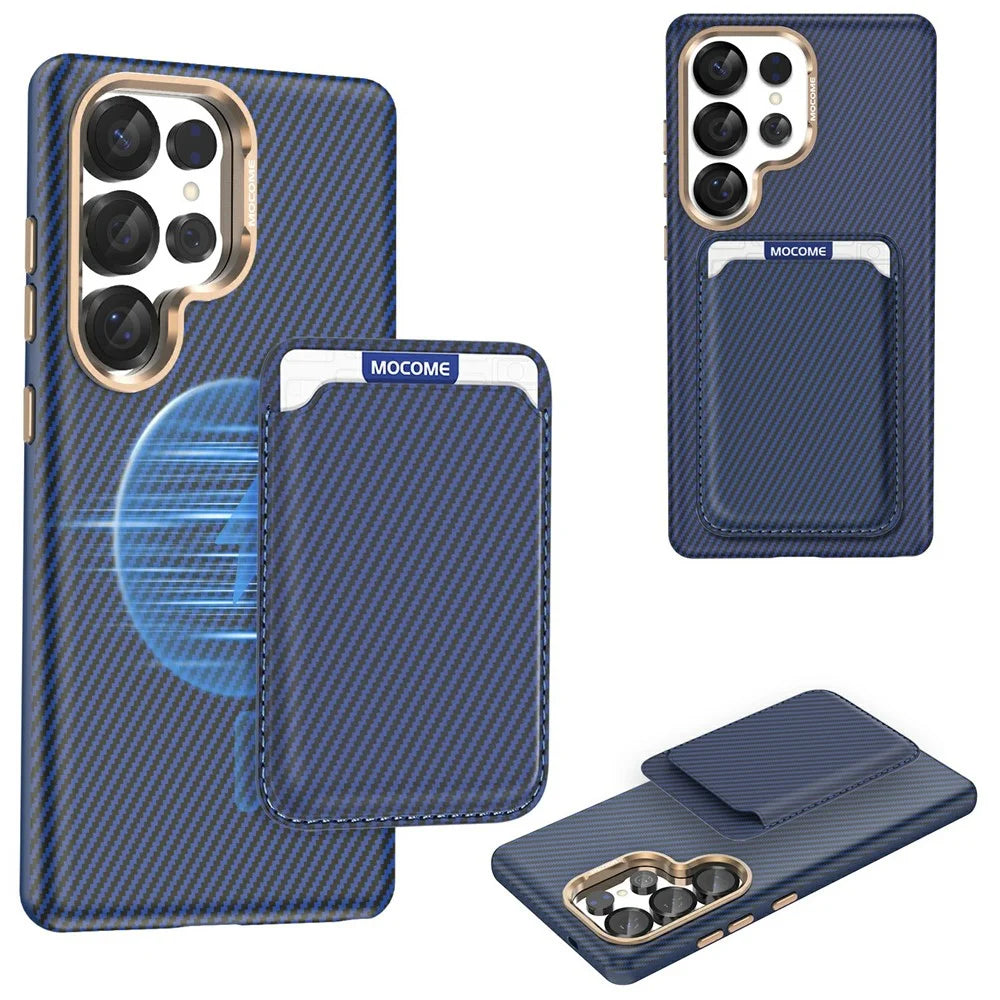 For Samsung Galaxy S25 Ultra Magnetic Case Carbon Fiber Texture Leather Back Phone Cover with Detachable Card Holder - Sapphire - 1