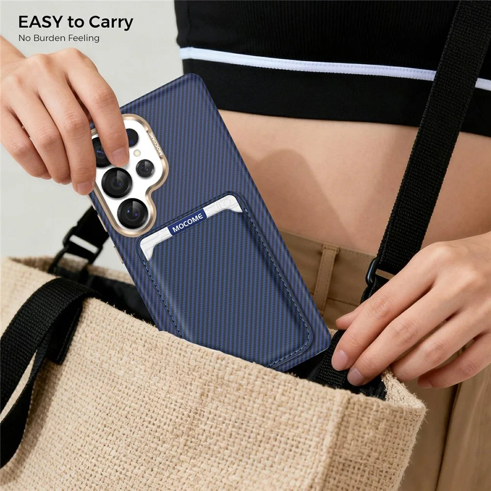For Samsung Galaxy S25 Ultra Magnetic Case Carbon Fiber Texture Leather Back Phone Cover with Detachable Card Holder - Sapphire - 3