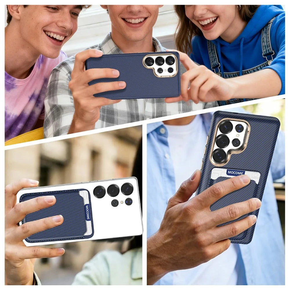 For Samsung Galaxy S25 Ultra Magnetic Case Carbon Fiber Texture Leather Back Phone Cover with Detachable Card Holder - Sapphire - 6