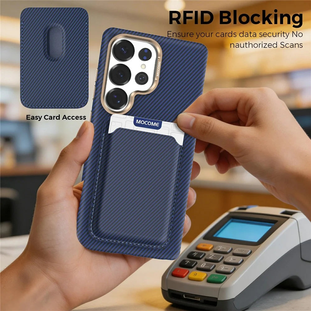 For Samsung Galaxy S25 Ultra Magnetic Case Carbon Fiber Texture Leather Back Phone Cover with Detachable Card Holder - Sapphire - 7