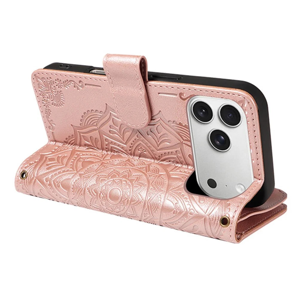 For iPhone 18 Pro Max / 17 Pro Max Wallet Case 9 Card Slots RFID Blocking Mandala Embossed Leather Flip Cover with Wrist Strap - Rose Gold - 4