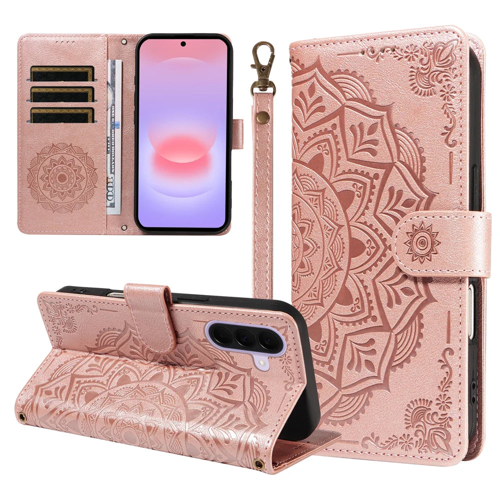 For Samsung Galaxy A27 5G Wallet Case Embossed Mandala Pattern PU Leather + TPU Cover with Wrist Strap - Rose Gold - 1