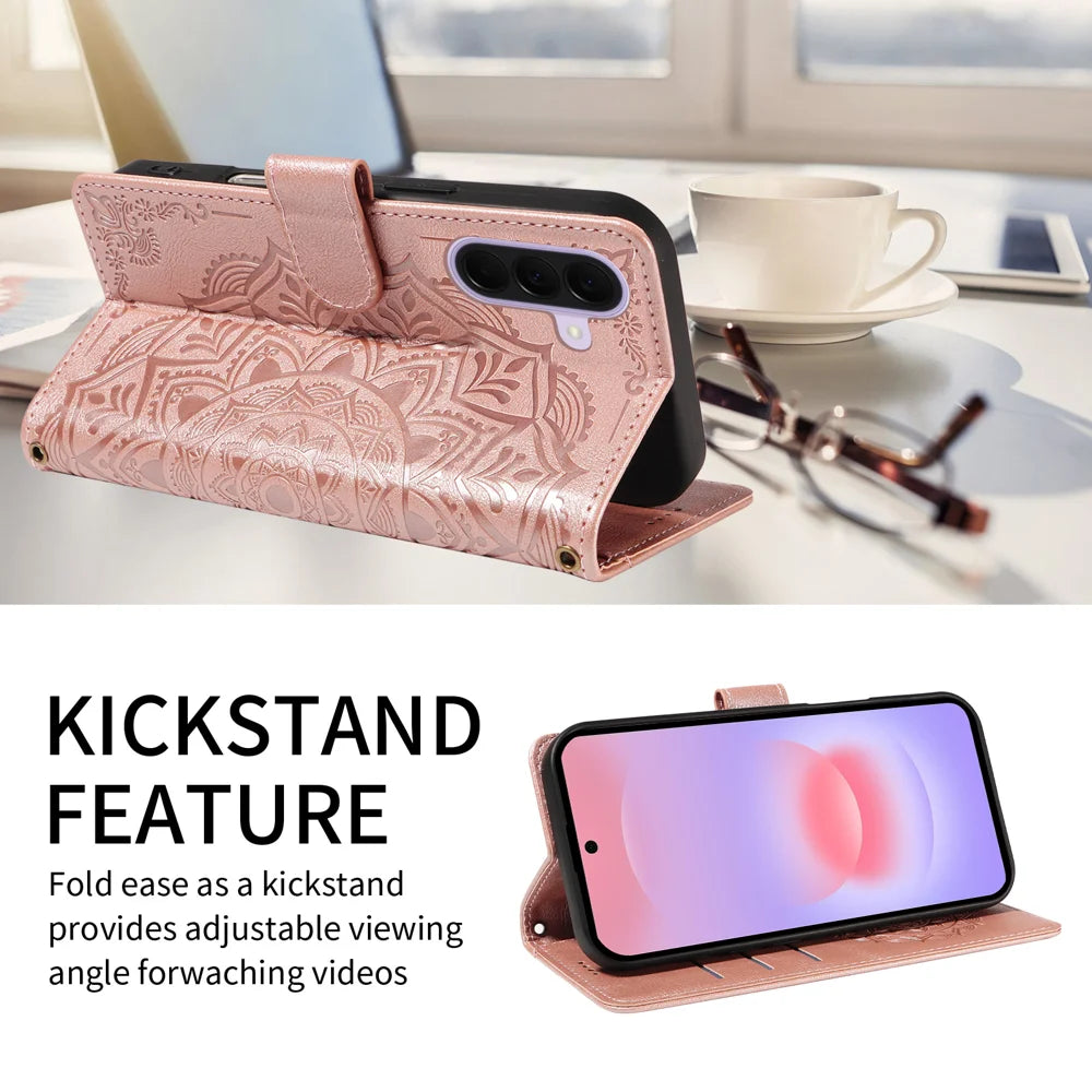 For Samsung Galaxy A27 5G Wallet Case Embossed Mandala Pattern PU Leather + TPU Cover with Wrist Strap - Rose Gold - 2