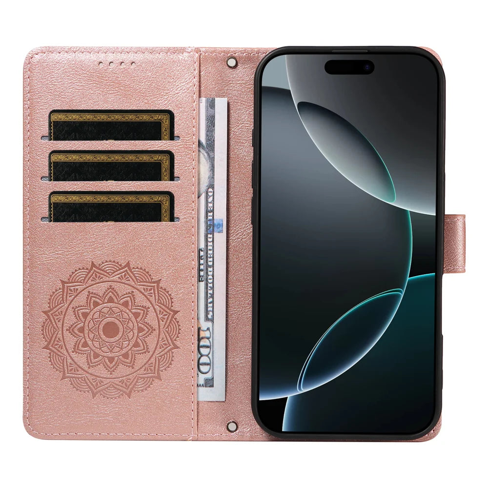 For Samsung Galaxy A27 5G Wallet Case Embossed Mandala Pattern PU Leather + TPU Cover with Wrist Strap - Rose Gold - 6