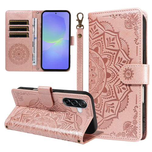 For Samsung Galaxy A36 5G Wallet Case Embossed Mandala Pattern PU Leather + TPU Cover with Wrist Strap - Rose Gold - 1