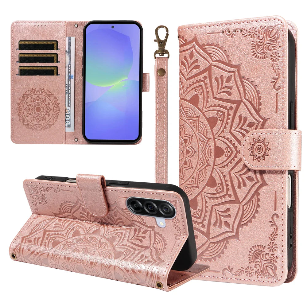For Samsung Galaxy A36 5G Wallet Case Embossed Mandala Pattern PU Leather + TPU Cover with Wrist Strap - Rose Gold - 1