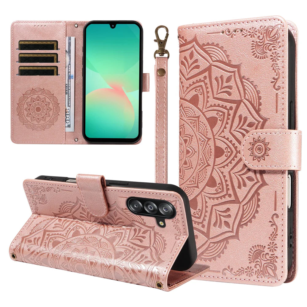 For Samsung Galaxy A18 5G / A17 5G / A26 5G / A16 5G  / A16 4G  Wallet Case Embossed Mandala Pattern PU Leather + TPU Cover with Wrist Strap - Rose Gold - 1