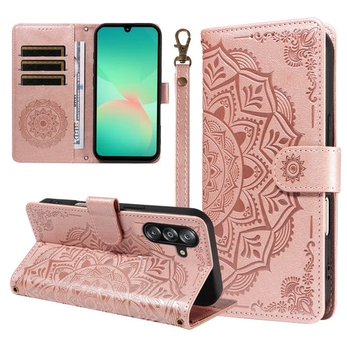 For Samsung Galaxy A18 5G / A17 5G / A26 5G / A16 5G  / A16 4G  Wallet Case Embossed Mandala Pattern PU Leather + TPU Cover with Wrist Strap - Rose Gold - 1