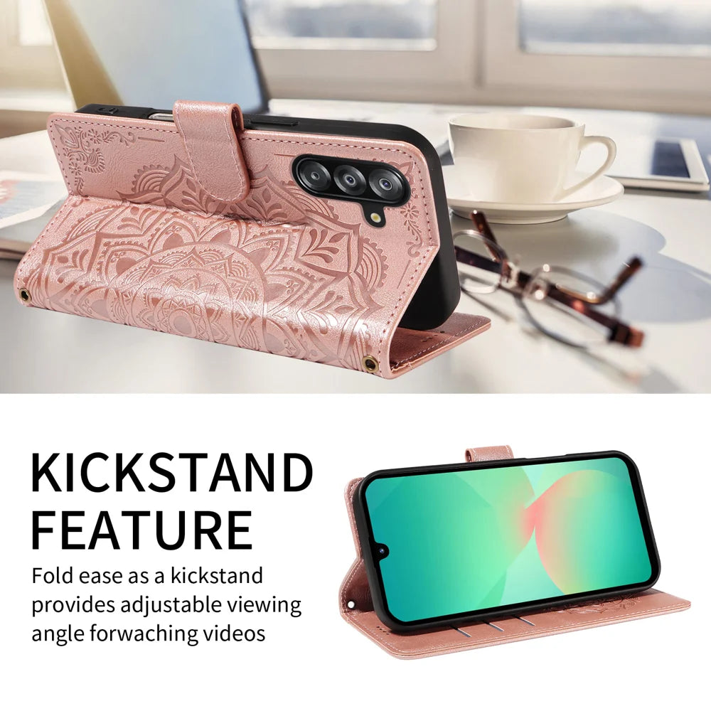 For Samsung Galaxy A18 5G / A17 5G / A26 5G / A16 5G  / A16 4G  Wallet Case Embossed Mandala Pattern PU Leather + TPU Cover with Wrist Strap - Rose Gold - 2