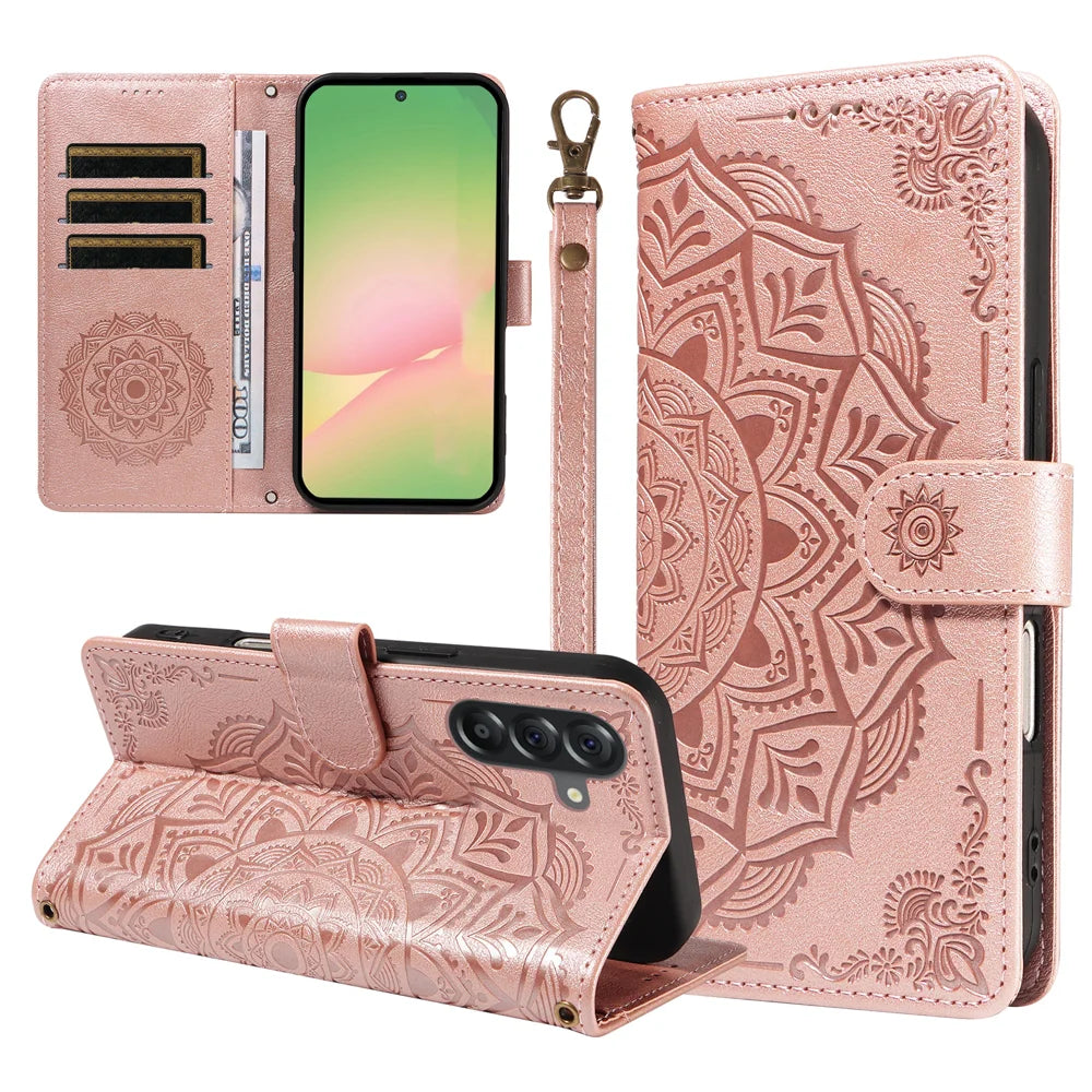 For Samsung Galaxy M56 5G / Galaxy A56 5G Wallet Case Embossed Mandala Pattern PU Leather + TPU Cover with Wrist Strap - Rose Gold - 1