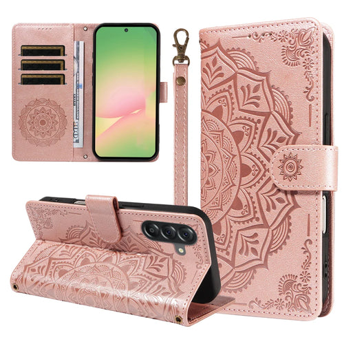 For Samsung Galaxy M56 5G / Galaxy A56 5G Wallet Case Embossed Mandala Pattern PU Leather + TPU Cover with Wrist Strap - Rose Gold - 1