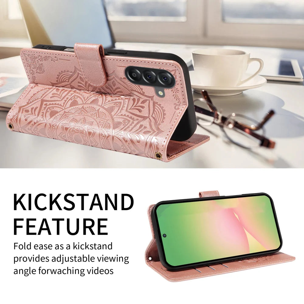 For Samsung Galaxy M56 5G / Galaxy A56 5G Wallet Case Embossed Mandala Pattern PU Leather + TPU Cover with Wrist Strap - Rose Gold - 2