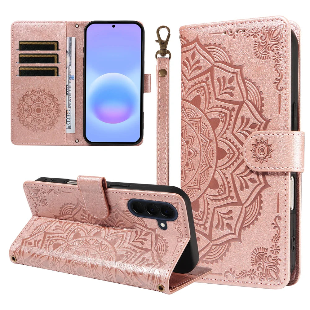 For Samsung Galaxy A57 5G Wallet Case Embossed Mandala Pattern PU Leather + TPU Cover with Wrist Strap - Rose Gold - 1