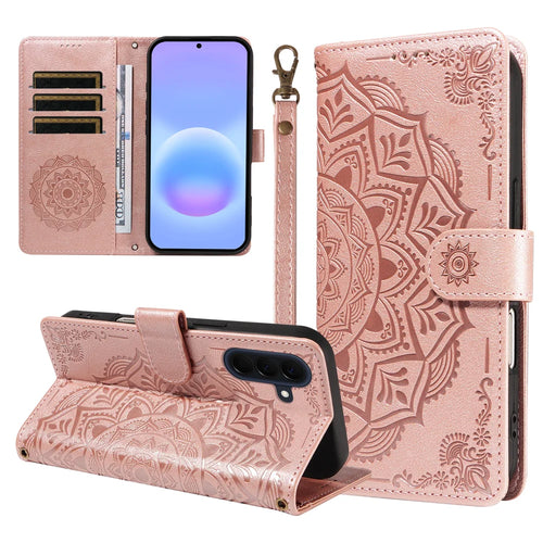 For Samsung Galaxy A57 5G Wallet Case Embossed Mandala Pattern PU Leather + TPU Cover with Wrist Strap - Rose Gold - 1