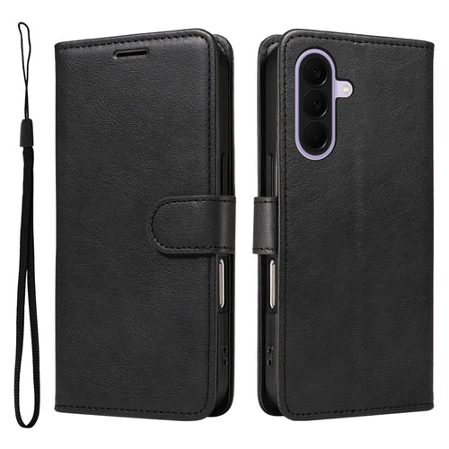 For Samsung Galaxy A27 5G Leather Wallet Case with Strap Solid Color Phone Stand Cover - Black - 1