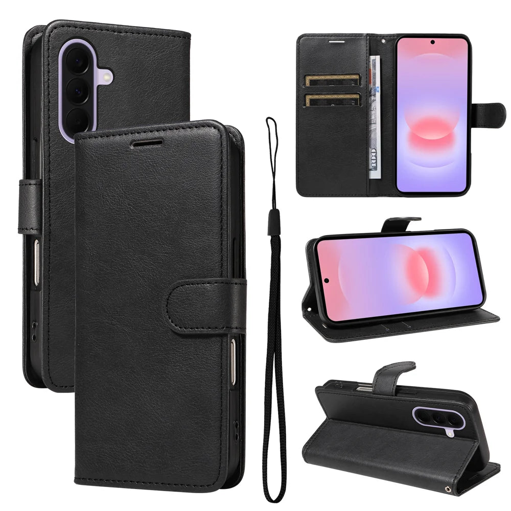 For Samsung Galaxy A27 5G Leather Wallet Case with Strap Solid Color Phone Stand Cover - Black - 2