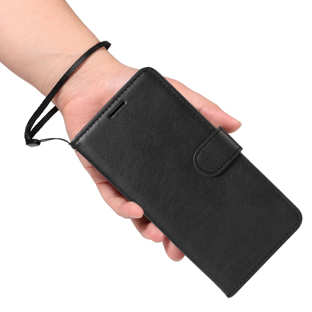 For Samsung Galaxy A27 5G Leather Wallet Case with Strap Solid Color Phone Stand Cover - Black - 5