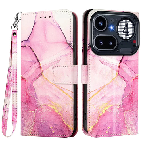 For Nothing Phone (4a) Pro Case with Strap Marble Pattern Leather Phone Cover Card Holder - Pink / Purple / Gold LS001 - 1