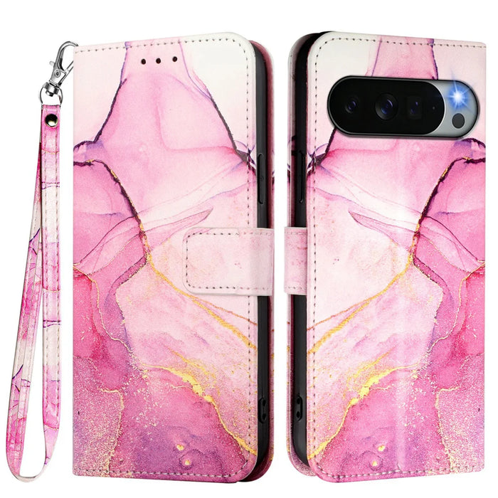 For Google Pixel 11 Pro XL Case with Strap Marble Pattern Leather Phone Cover Card Holder - Pink / Purple / Gold LS001 - 1