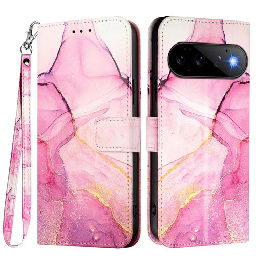 For Google Pixel 11 Pro / Pixel 11 Case with Strap Marble Pattern Leather Phone Cover Card Holder - Pink / Purple / Gold LS001 - 1