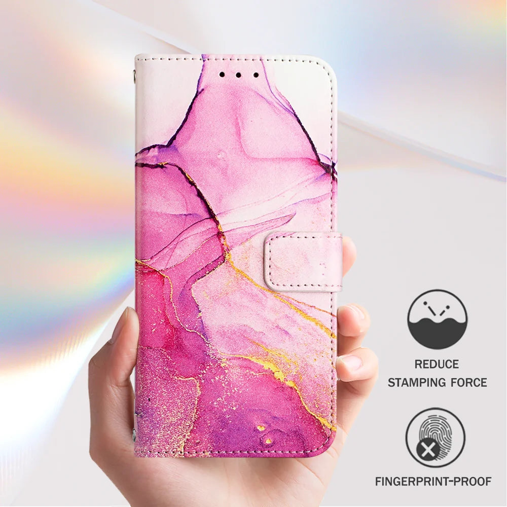 For Google Pixel 11 Pro / Pixel 11 Case with Strap Marble Pattern Leather Phone Cover Card Holder - Pink / Purple / Gold LS001 - 6