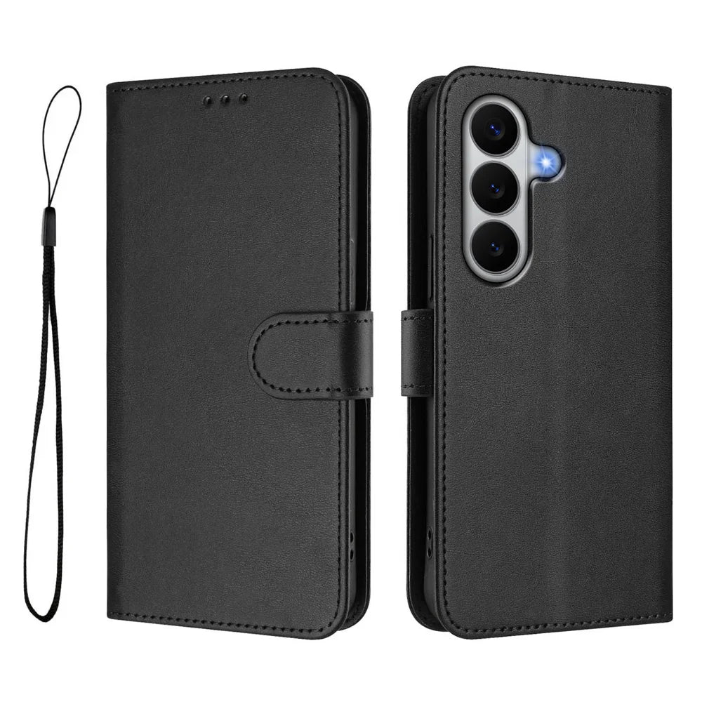 For Samsung Galaxy A27 5G Wallet Case RFID Blocking Calf Texture Leather Stand Phone Cover with Strap - Black - 1