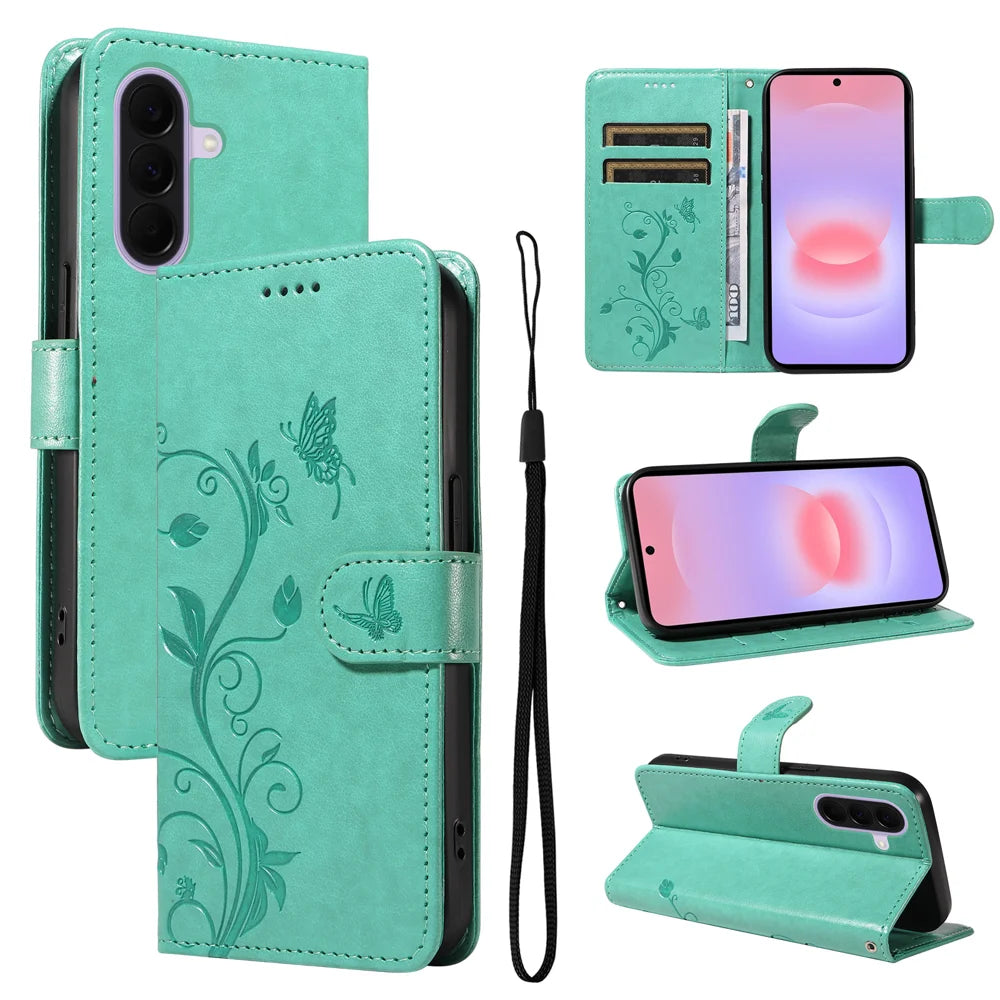For Samsung Galaxy A27 5G PU Leather Cases Flower Pattern Wallet Stand Phone Cover with Strap - Green - 1