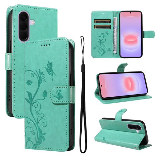 For Samsung Galaxy A27 5G PU Leather Cases Flower Pattern Wallet Stand Phone Cover with Strap - Green - 1