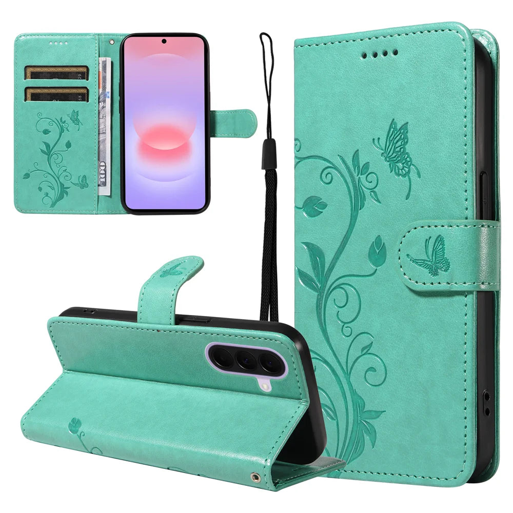 For Samsung Galaxy A27 5G PU Leather Cases Flower Pattern Wallet Stand Phone Cover with Strap - Green - 2