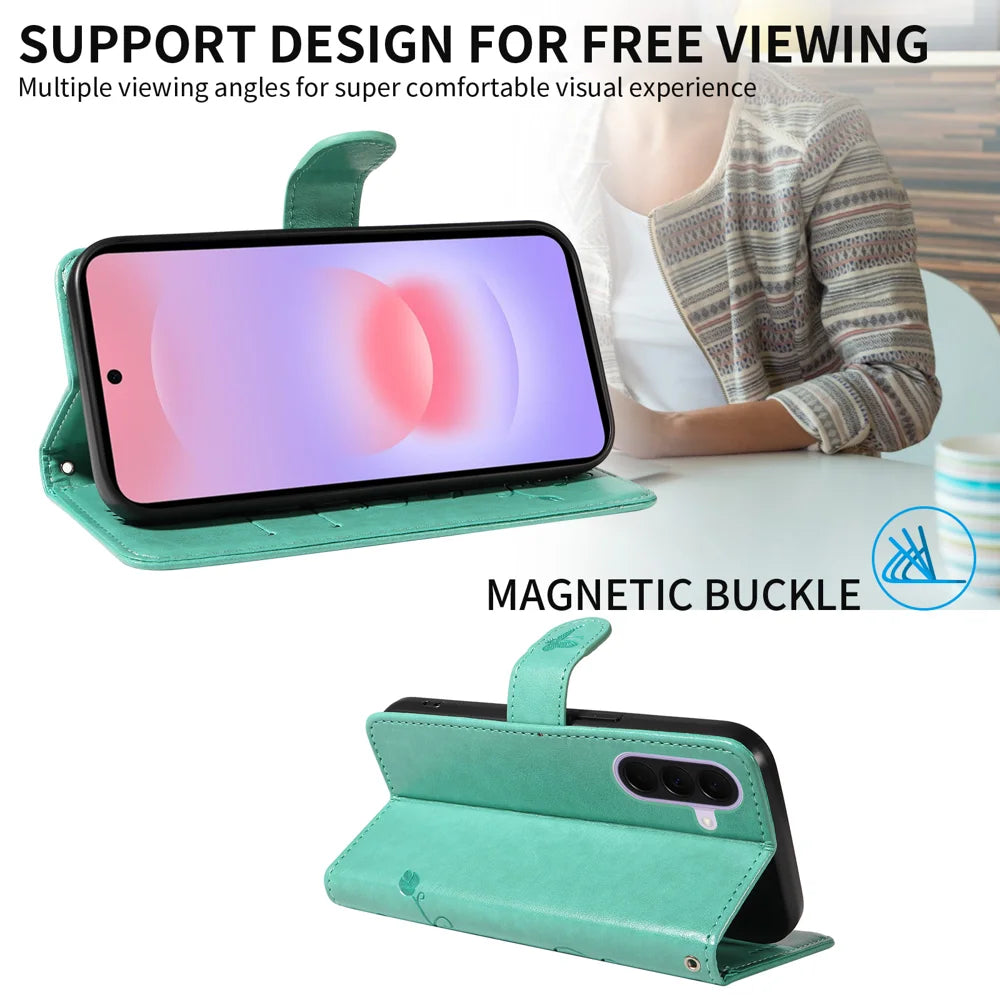 For Samsung Galaxy A27 5G PU Leather Cases Flower Pattern Wallet Stand Phone Cover with Strap - Green - 3