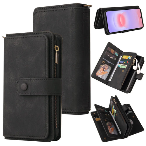 For Samsung Galaxy A27 5G Zipper Wallet Case with 15 Card Slots and Strap Leather Phone Cover - Black - 1