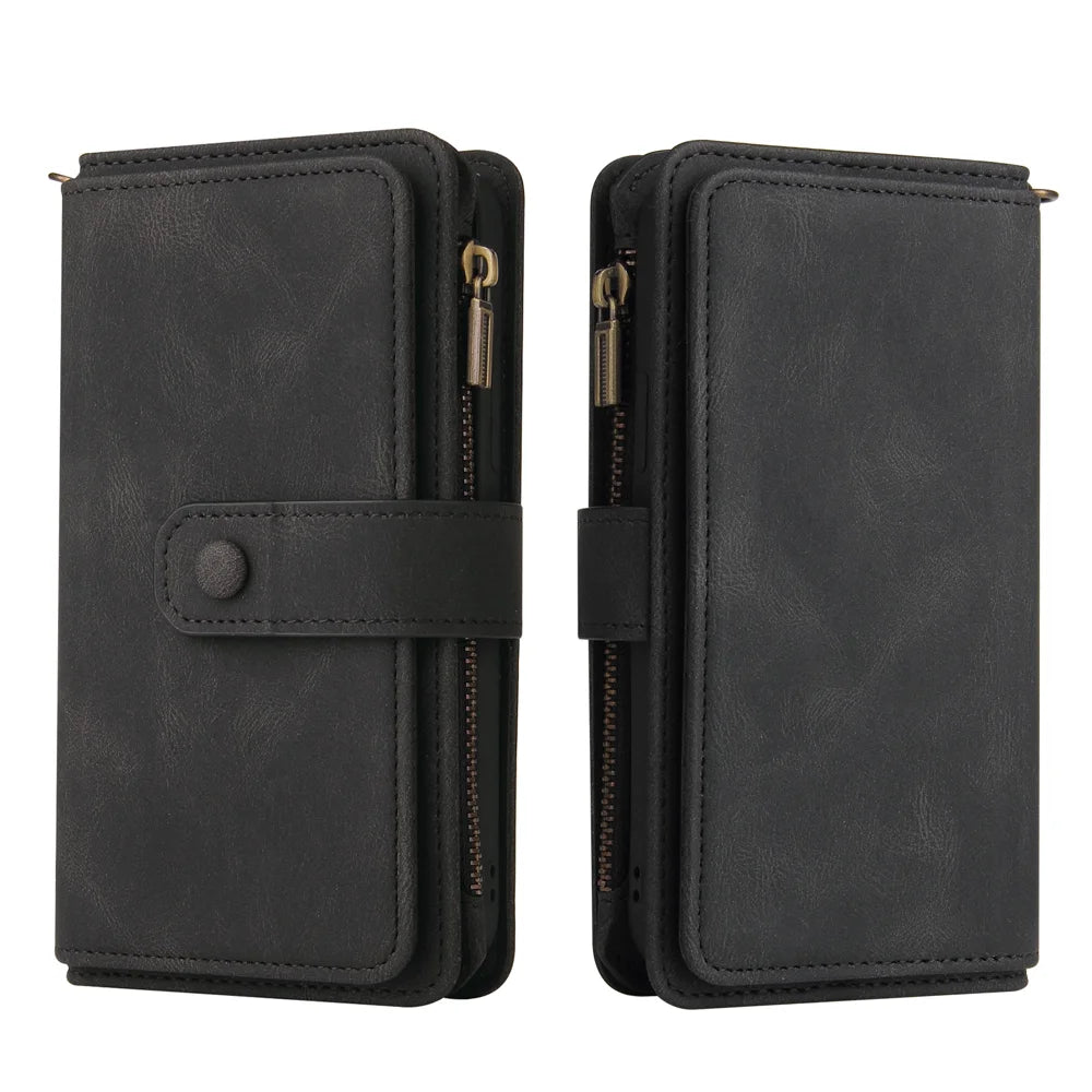 For Samsung Galaxy A27 5G Zipper Wallet Case with 15 Card Slots and Strap Leather Phone Cover - Black - 2