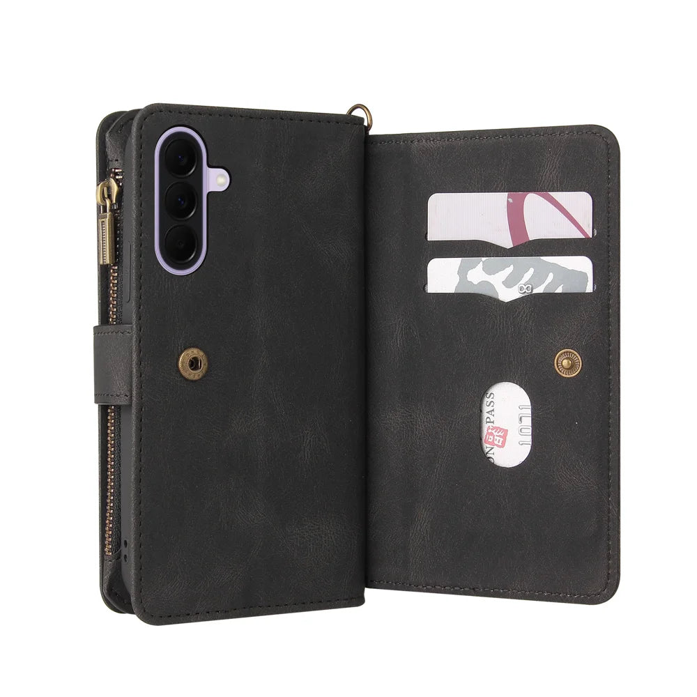 For Samsung Galaxy A27 5G Zipper Wallet Case with 15 Card Slots and Strap Leather Phone Cover - Black - 3