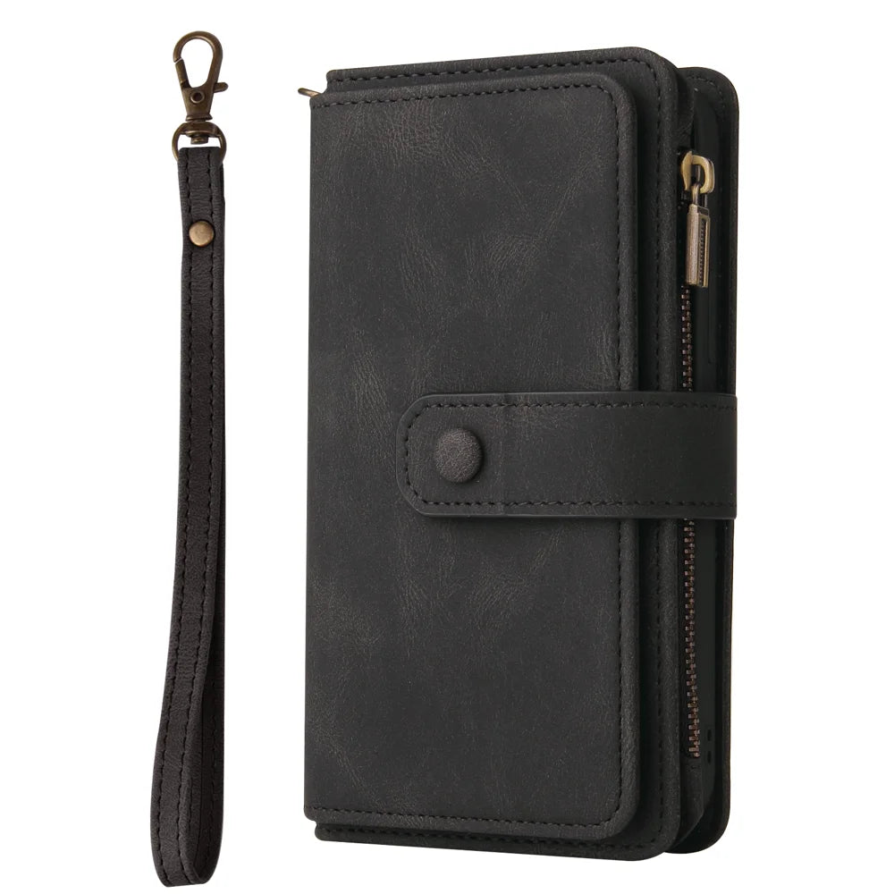 For Samsung Galaxy A27 5G Zipper Wallet Case with 15 Card Slots and Strap Leather Phone Cover - Black - 5