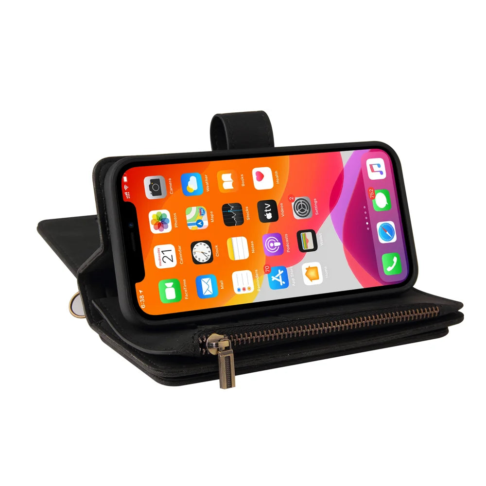 For Samsung Galaxy A27 5G Zipper Wallet Case with 15 Card Slots and Strap Leather Phone Cover - Black - 7